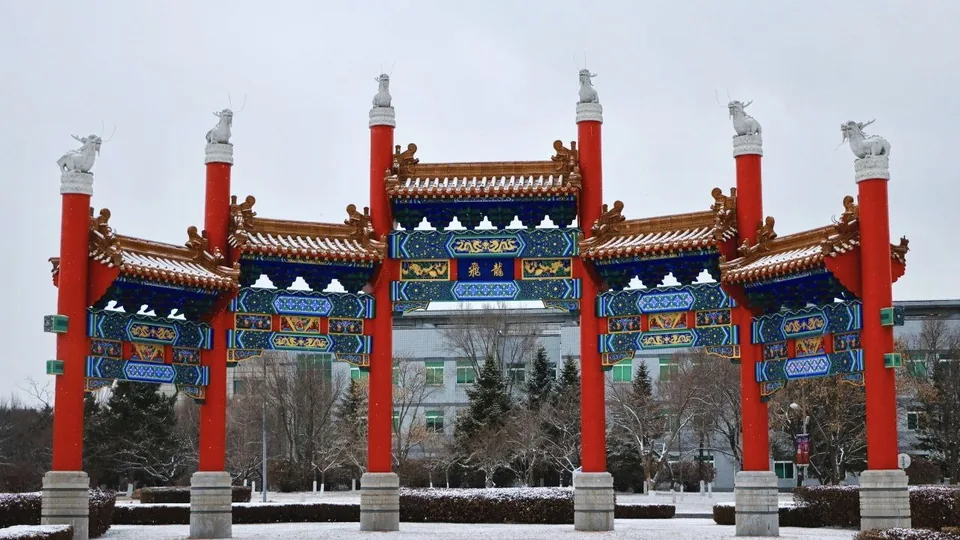 白雪中的校园牌坊